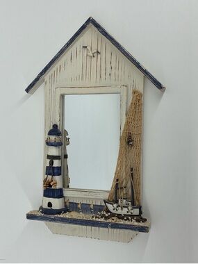 Nautical Lighthouse Sailboat Fisherman Fishing Wall Accent Mirror Distressed